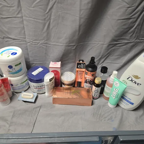 APPROXIMATELY 20 ASSORTED COSMETIC ITEMS TO INCLUDE DOVE HYDRATE BODY WASH, NIVEA SOFT REFRESHINGLY MOISTURIZING CREAM, ELF POWER GRIP PRIMER, ETC  
