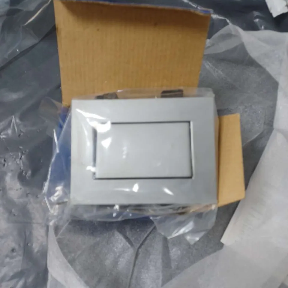 lot containing 15 large wall mounted spotlights, and 30 grey/silver emcolite light switches