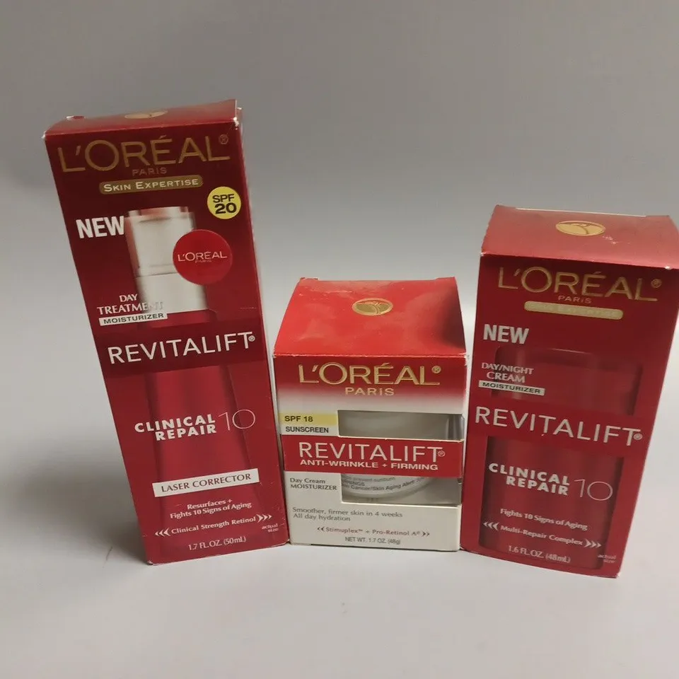 3 BOXED LOREAL PARIS REVITALIFT PRODUCTS TO INCLUDE LASE CORRECTOR (50ml), DAY/NIGHT CREAM (48ml), SUNSCREEN (48g)