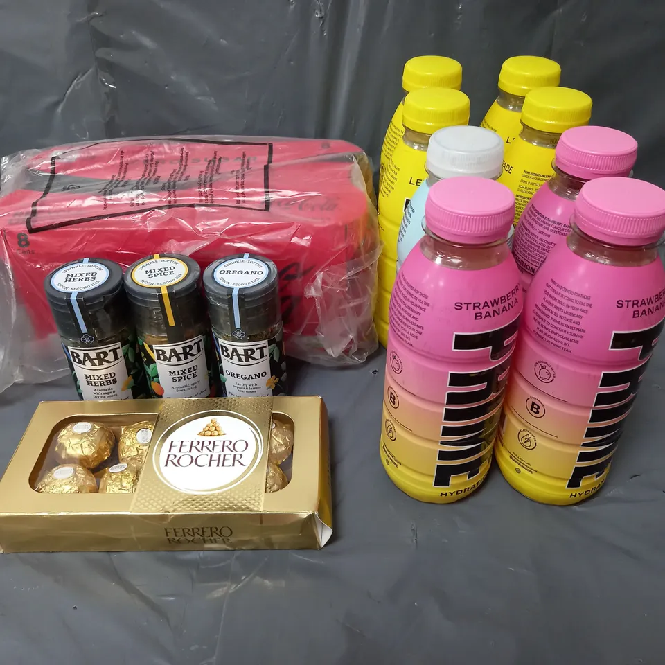 APPROXIMATELY 10 ASSORTED FOOD & DRINK ITEMS TO INCLUDE - COCA-COLA ORIGINAL - PRIME LEMONADE - FERRERO ROCHER - ETC - COLLECTION ONLY