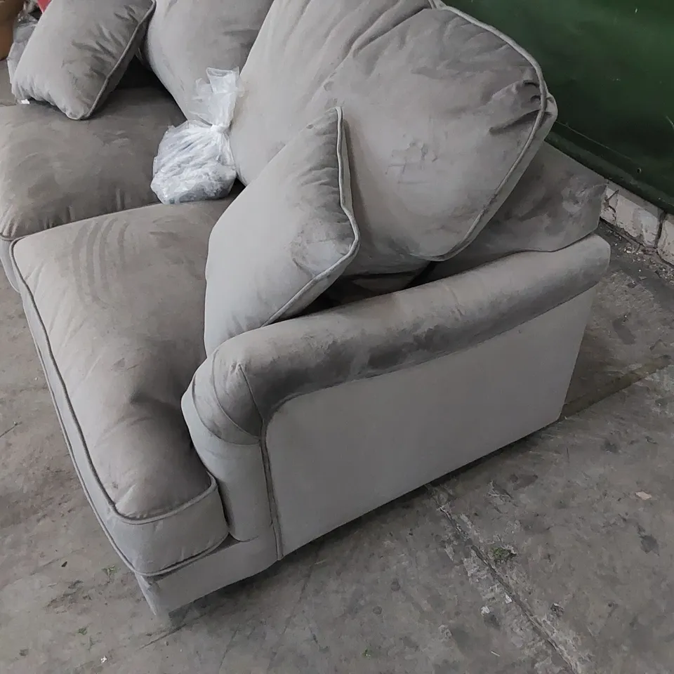 DESIGNER 2 SEATER GREY VELVET SOFA WITH CUSHIONS 