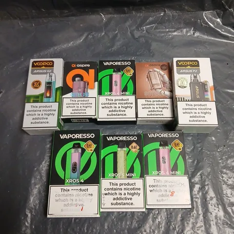 APPROXIMATELY 15 ASSORTED E-CIG PRODUCTS AND ACCESSORIES TO INCLUDE VAPORESSO, VOOPOO, ASPIRE ETC