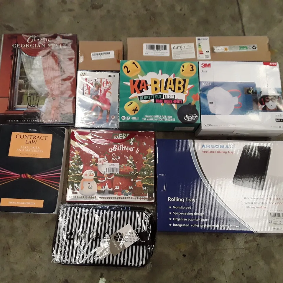 PALLET OF ASSORTED PRODUCTS INCLUDING TOILETRYS BAG, ROLLING TRAY, CONTRACT LAW BOOK, ABSOLUTELY FABULOUS DVD, FACE MASKS, LED MIRROR LAMP
