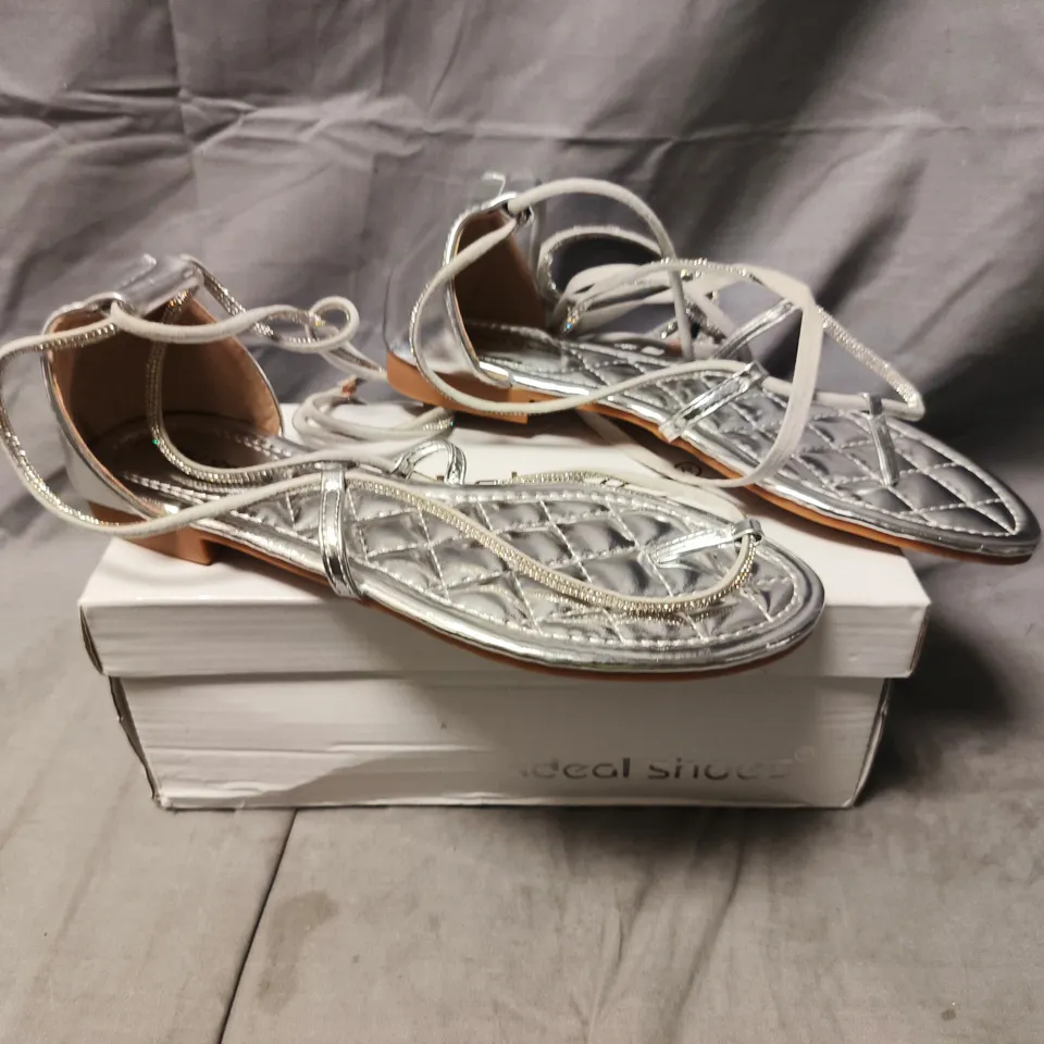 BOXED PAIR OF IDEAL SHOES T-POST STRAPPY SANDALS IN METALLIC SILVER SIZE EU 38