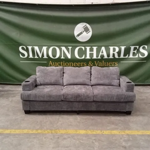 HOMCOM 3 SEATER FABRIC SOFA WITH USB PORTS AND CUP HOLDERS - GREY