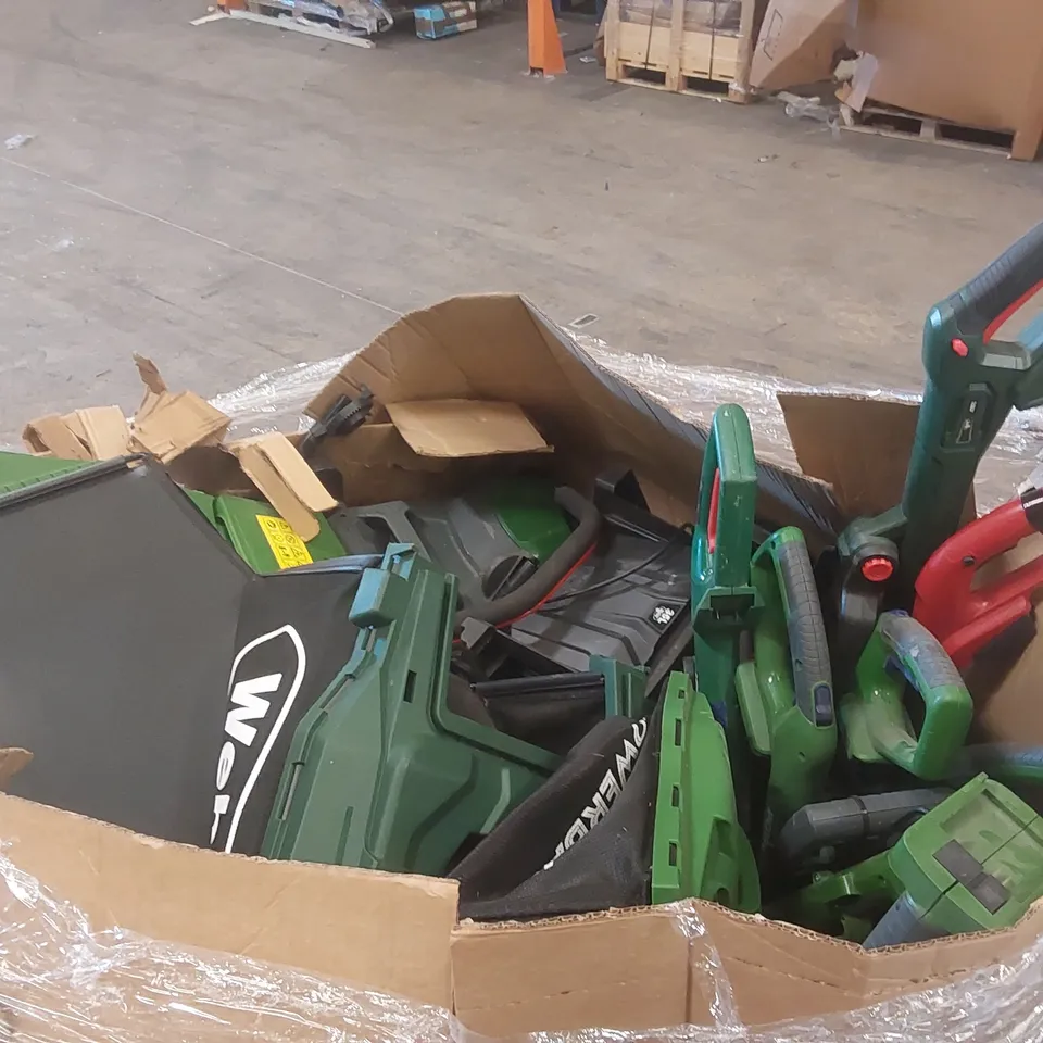 PALLET CONTAINING A VERY LARGE QUANTITY OF ASSORTED LAWN MOWERS AND OTHER ELECTRIC GARDEN TOOLS