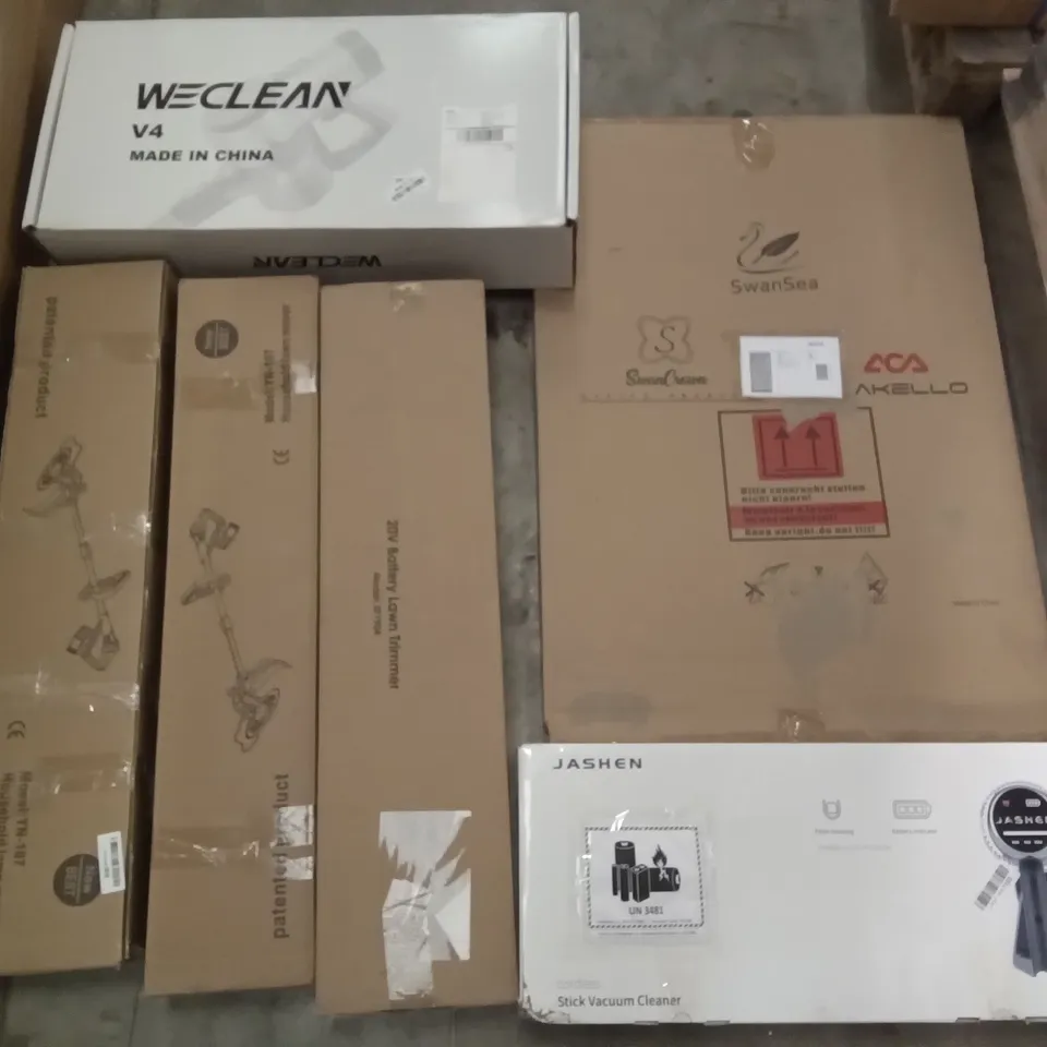 PALLET OF ASSORTED ITEMS INCLUDING WE CLEAN VACUUM CLEANER, 20V BATTERY LAWN TRIMMER, JASHEN STICK VACUUM CLEANER, HOUSEHOLD LAWN MOVER, STREAM CORDLESS HEDGE TRIMMER 