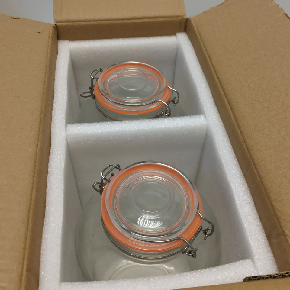 GLASS PRESERVE JARS WITH ORANGE SEALS AND METAL CLIP LIDS (SET OF 2)