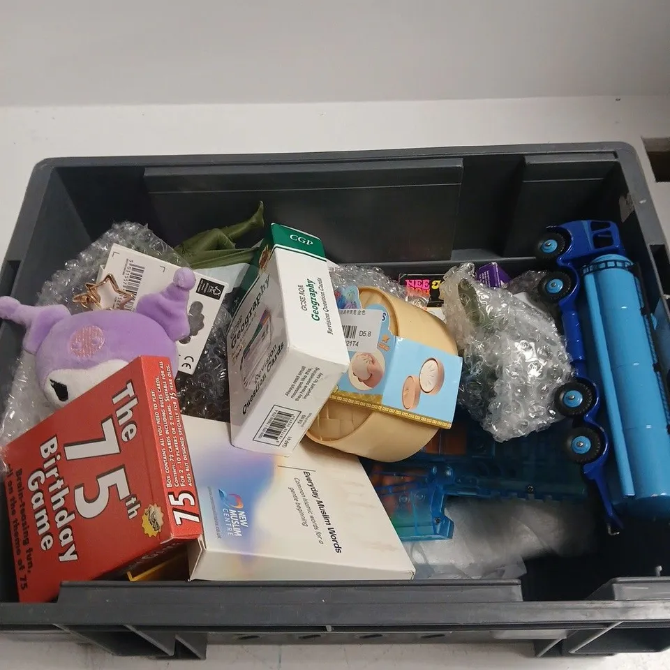 TOTE OF APPROXIMATELY 10 ASSORTED TOYS INCLUDING SQUEEZY DUMPLING, CGP GCSE GEOGRAPHY REVISION CARDS AND EVERYDAY MUSLIM WORDS