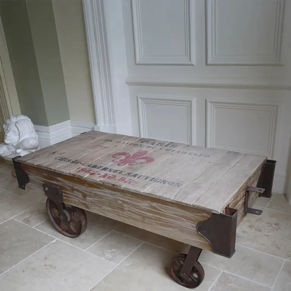 COFFEE TABLE - RAILWAY WOOD AND METAL CART