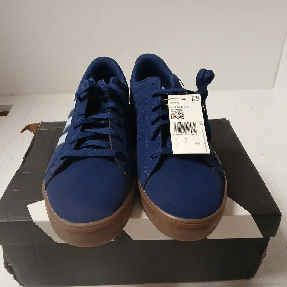 BOXED PAIR OF ADIDAS VS PACE 2.0 SNEAKERS – NAVY/BLUE WITH LIGHT BLUE STRIPES, UK 9