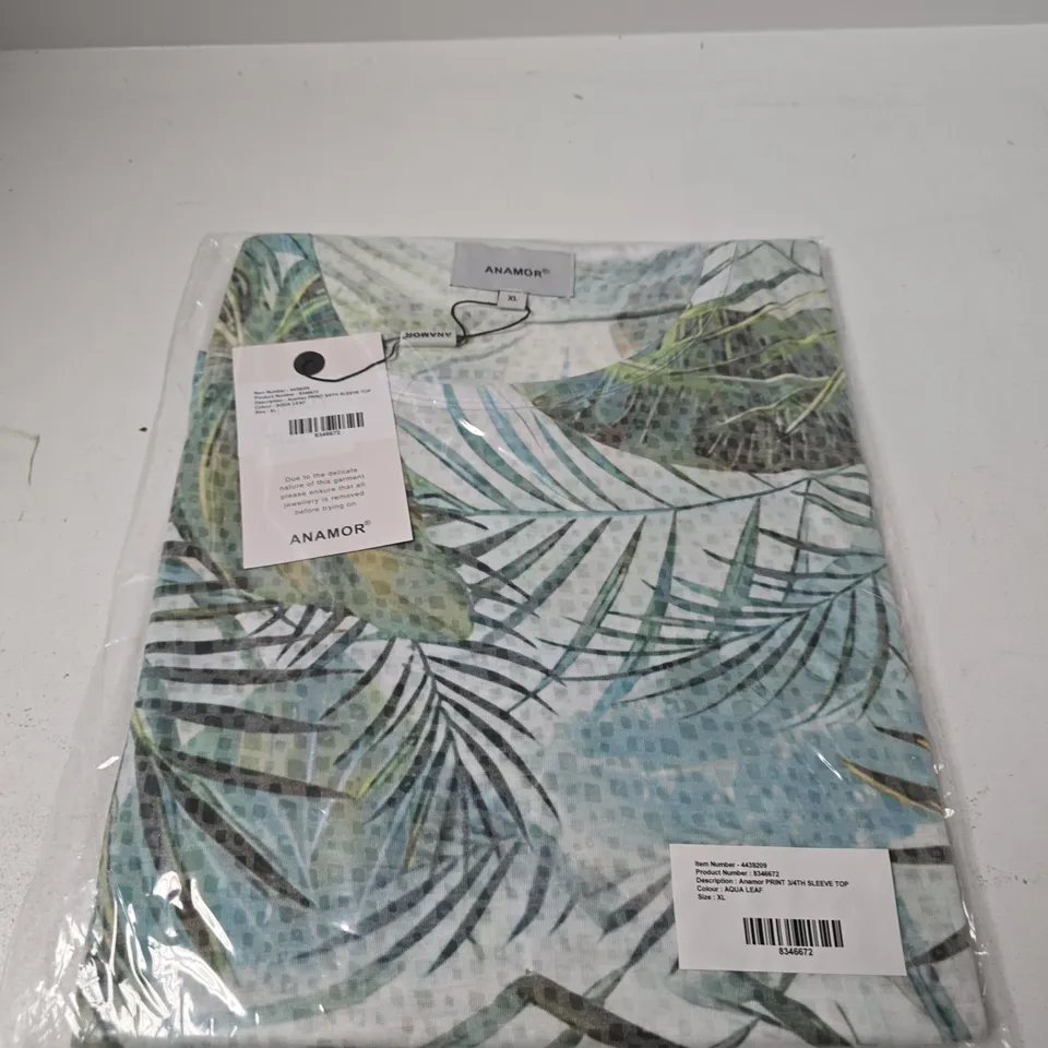 ANAMOR PRINT 3/4 SLEEVE TOP – AQUA LEAF – UK XL