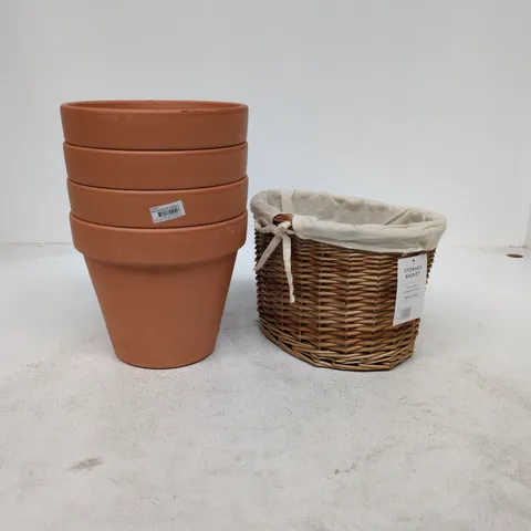 CAGE CONTAINING A LARGE AMOUNT OF ASSORTED ITEMS TO INCLUDE JOHN LEWIS STORAGE BASKET, PLANT POTS ETC