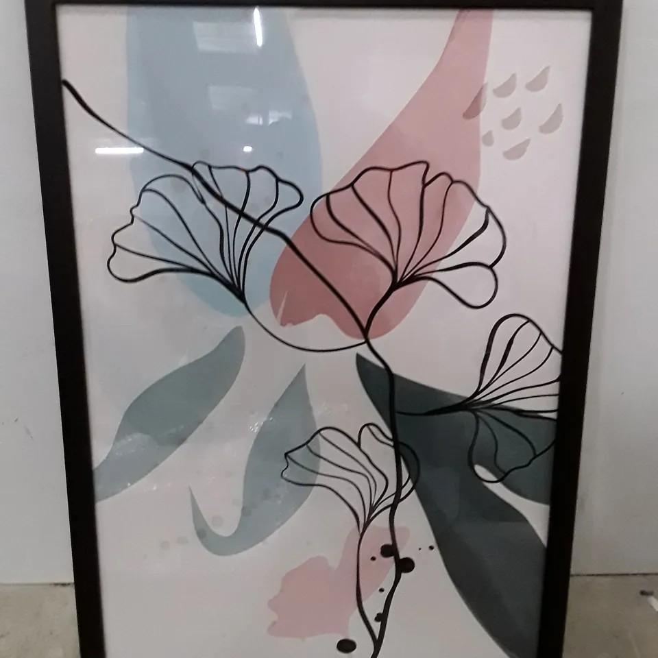 BOXED PINK AND GREEN FLOWERS - SINGLE PICTURE FRAME ART PRINT