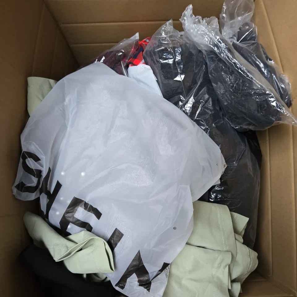 LARGE BOX OF ASSORTED CLOTHING ITEMS IN VARIOUS STYLES, COLOURS AND SIZES