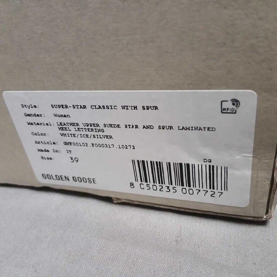GOLDEN GOOSE SUPERSTAR CLASSIC WITH SPUR – WHITE LEATHER, GLITTER HEEL (EU39) UK 6 