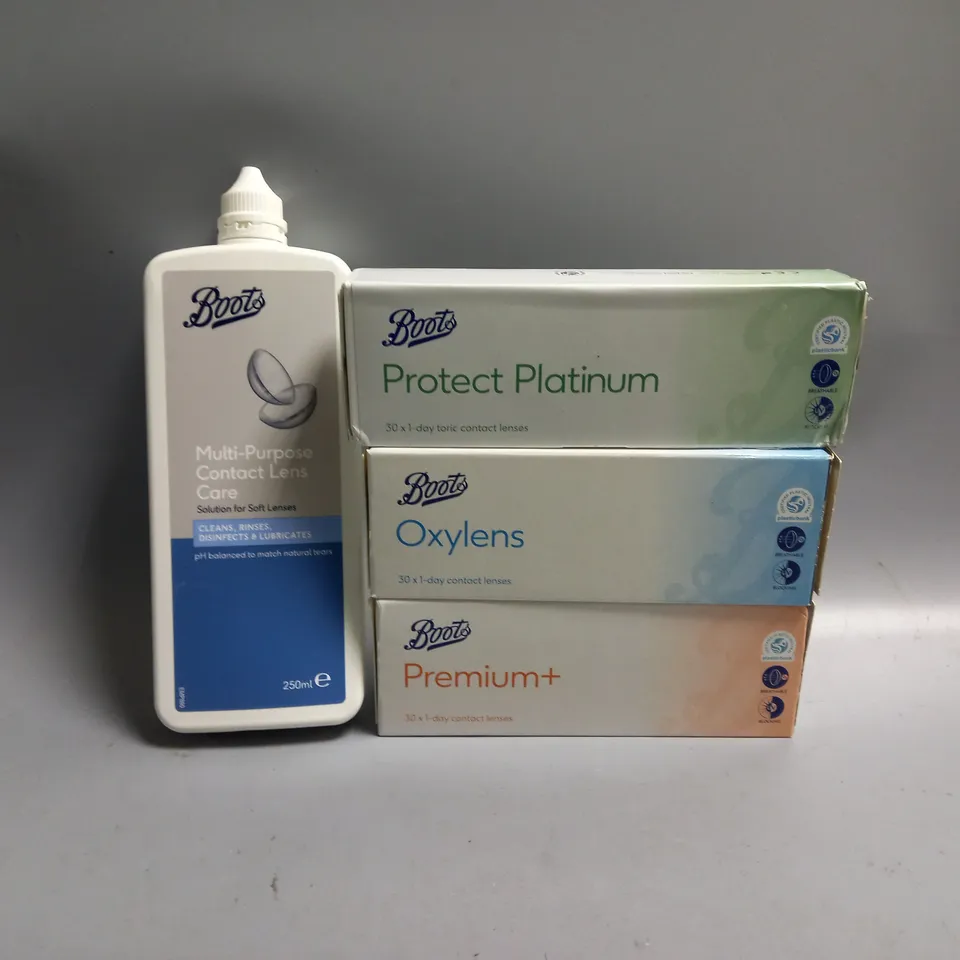 APPROXIMATLEY 20 ASSORTED BOOTS CONTACT LENS PRODUCTS TO INCLUDE MULTIPURPOSE SOLUTION, PROTECT PLATINUM 30PCS 1-DAY TORIC CONTACT LENSES 