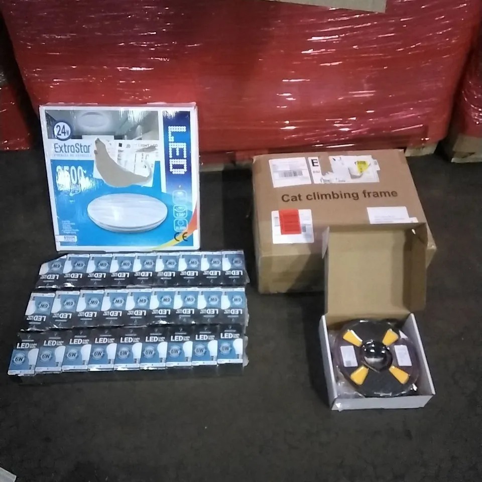 PALLET OF HOUSEHOLD ITEMS TO INCLUDE LED 6W BULBS, LED CEILING LIGHT,CAT CLIMBING TREE,  3D PRINTER FILAMENT AND OTHER ASSORTED ITEMS...