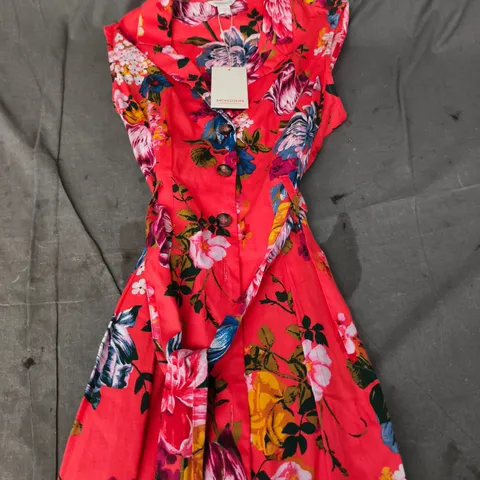 MONSOON FLORAL WRAP DRESS – CORAL PINK, UK 12