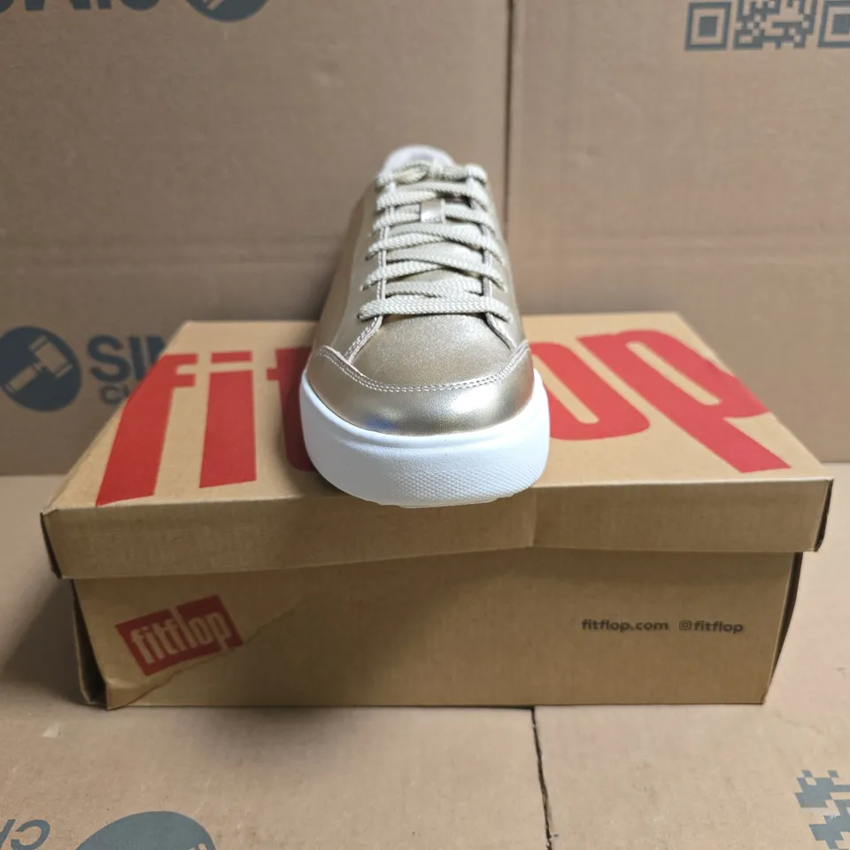 BOXED PAIR OF FITFLOP RTG METALLIC-LEATHER TRAINERS IN GOLD SIZE UK 6