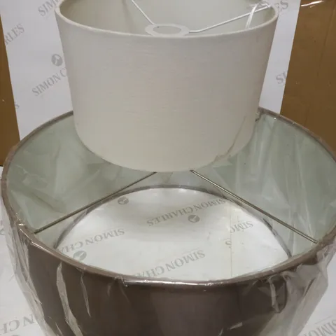LOT OF 4 LAMP SHADES (SMALL WHITE, LARGE BRONZE, 2 DARK GREY)