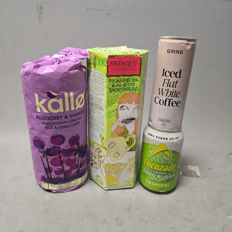 APPROXIMATELY 12 ASSORTED FOOD & DRINK ITEMS TO INCLUDE - GRIND ICED FLAT WHITE COFFEE , SHORTBREAD , LUCOZADE ETC