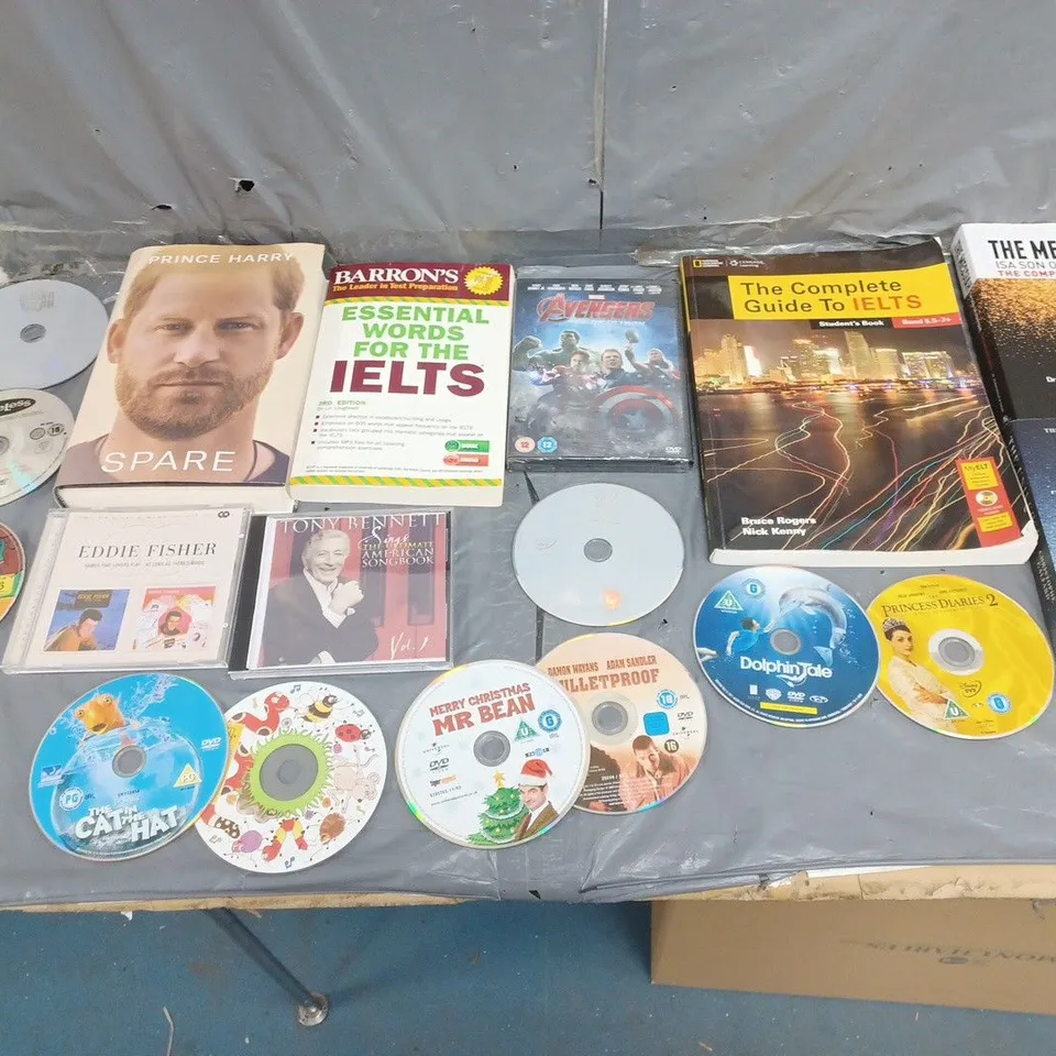 ASSORTED BOOKS, CDS, AND FILM DVDS TO INCLUDE PRINCE HARRY SPARE, AVENGERS AGE OF ULTRON, AND TONY BENNETT AMERICAN SONGBOOK ETC.
