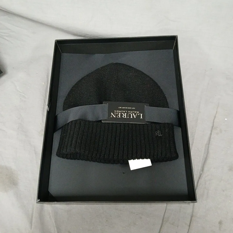 RALPH LAUREN BLACK HAT AND SCARF GIFT SET IN BOX. SCARF MISSING
