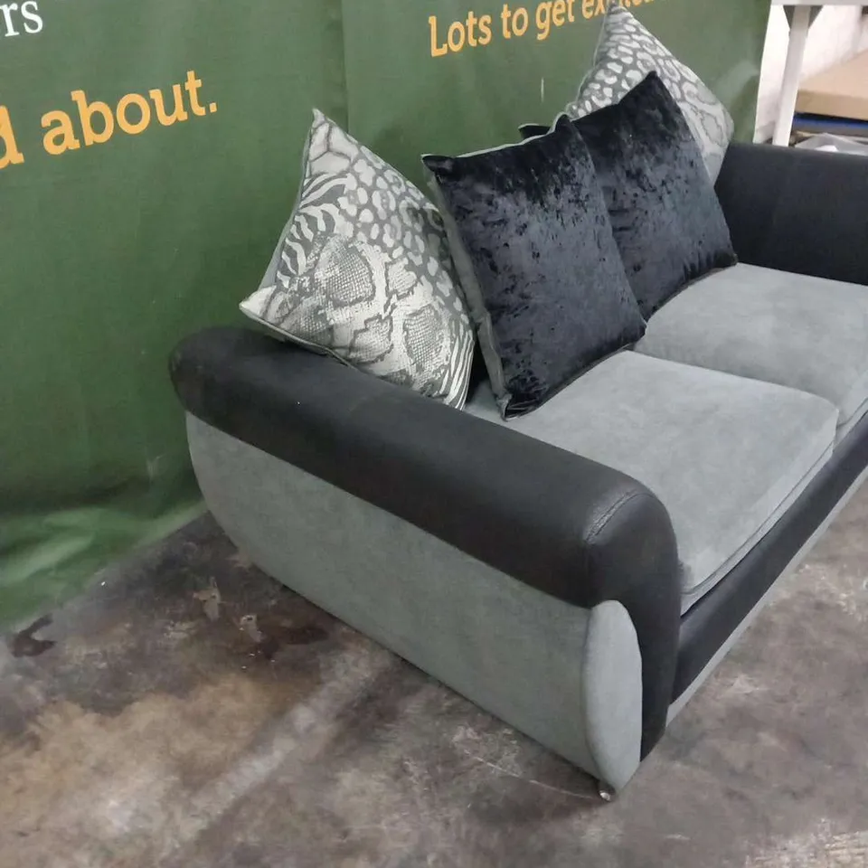 DESIGNER BLACK SUEDE EFFECT AND GREY FABRIC TWO SEATER SOFA WITH SCATTER CUSHIONS