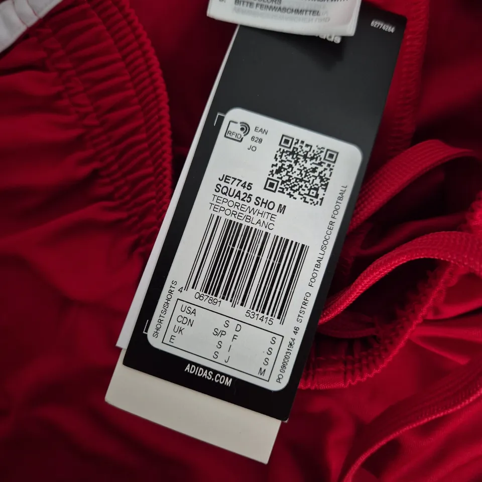 ADIDAS RED SHORTS WITH WHITE STRIPES – DRAWSTRING, BRAND LABEL ATTACHED