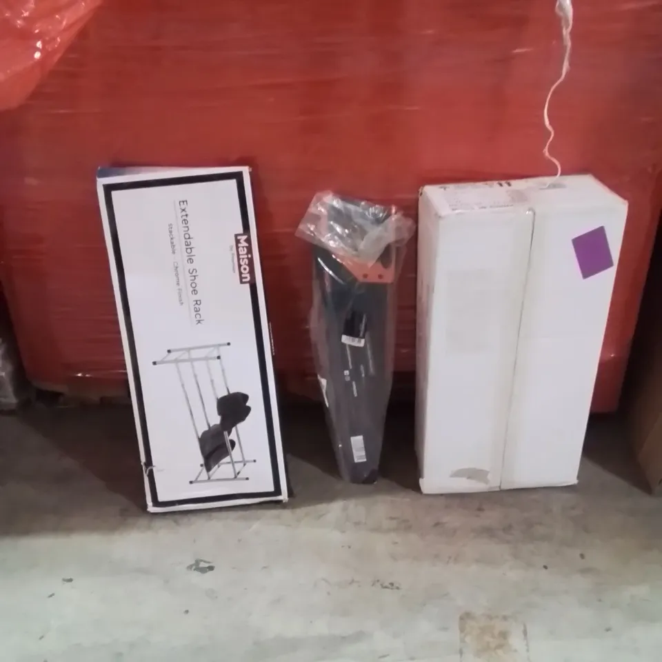 PALLET OF ASSORTED HOUSEHOLD GOODS AND PRODUCTS TO INCLUDE;SHOE RACK,SAW,LIGHT PENDANT