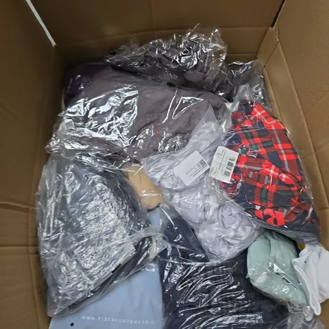 LARGE BOX OF ASSORTED CLOTHING ITEMS IN VARIOUS STYLES, COLOURS AND SIZES