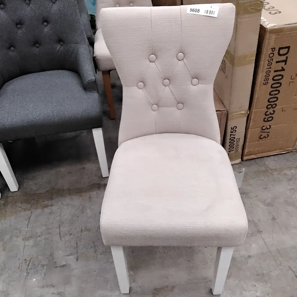 2 DESIGNER CREAM FABRIC CHAIRS WITH WHITE LEGS
