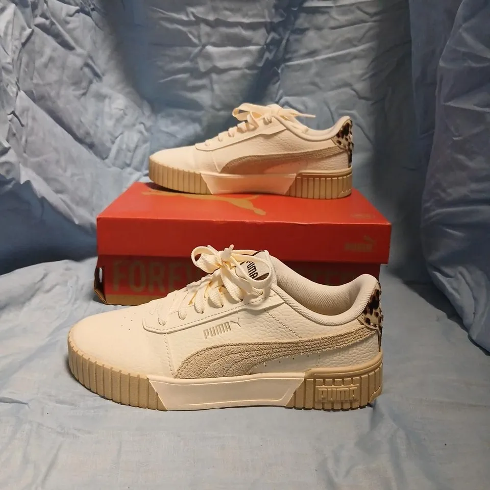 PUMA WOMEN'S SHOES – WHITE/BEIGE LEATHER TRAINERS WITH LEOPARD HEEL PATCH, UK 5 (EU 38)
