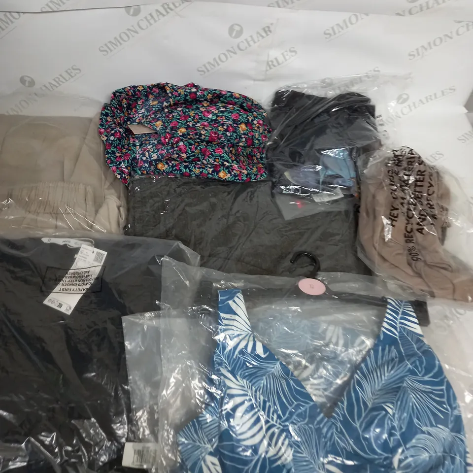 LARGE BOX OF ASSORTED CLOTHING ITEMS IN VARIOUS COLOURS AND SIZES INCLUDING TROUSERS , TOPS AND JUMPERS 