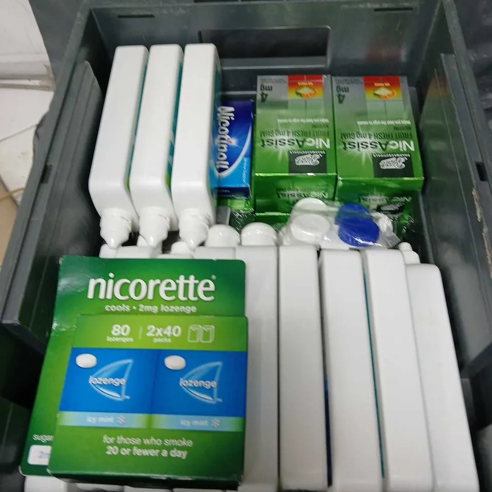 APPROXIMATELY 15 HEALTH AND BEAUTY PRODUCTS TO INCLUDE NICORETTE LOZENGES, NICOTINELL PATCHES AND CONTACT LENS CLEANING SOLUTION