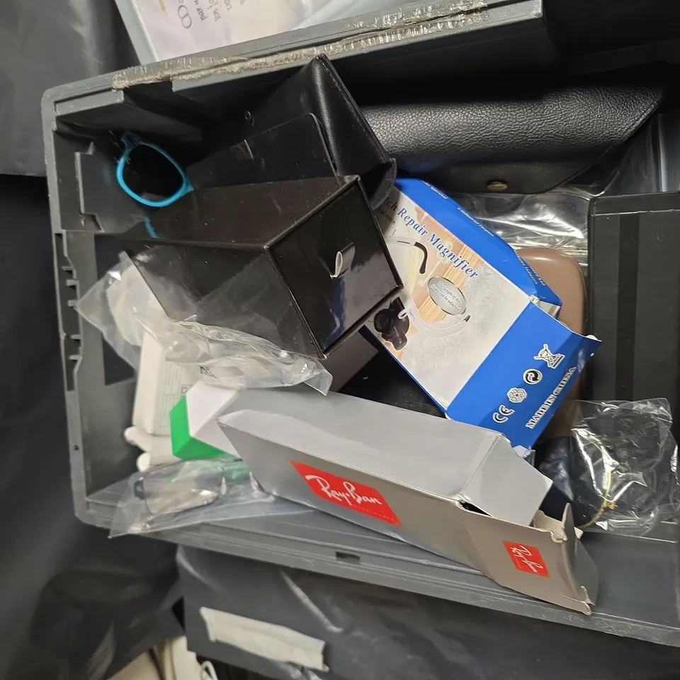 RAY-BAN SUNGLASSES BOX SET WITH LED WATCH REPAIR MAGNIFIER AND SPARE EYEWEAR FRAMES