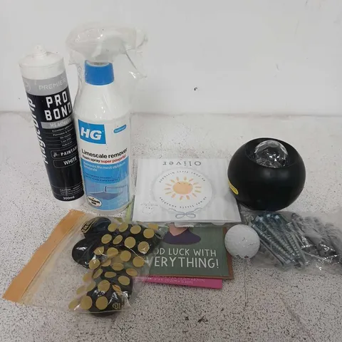 APPROXIMATELY 15 ASSORTED HOUSEHOLD ITEMS TO INCLUDE OCEAN REAM PROJECTOR, GOLF BALL, PRO BOND MAGICDRIP, ETC