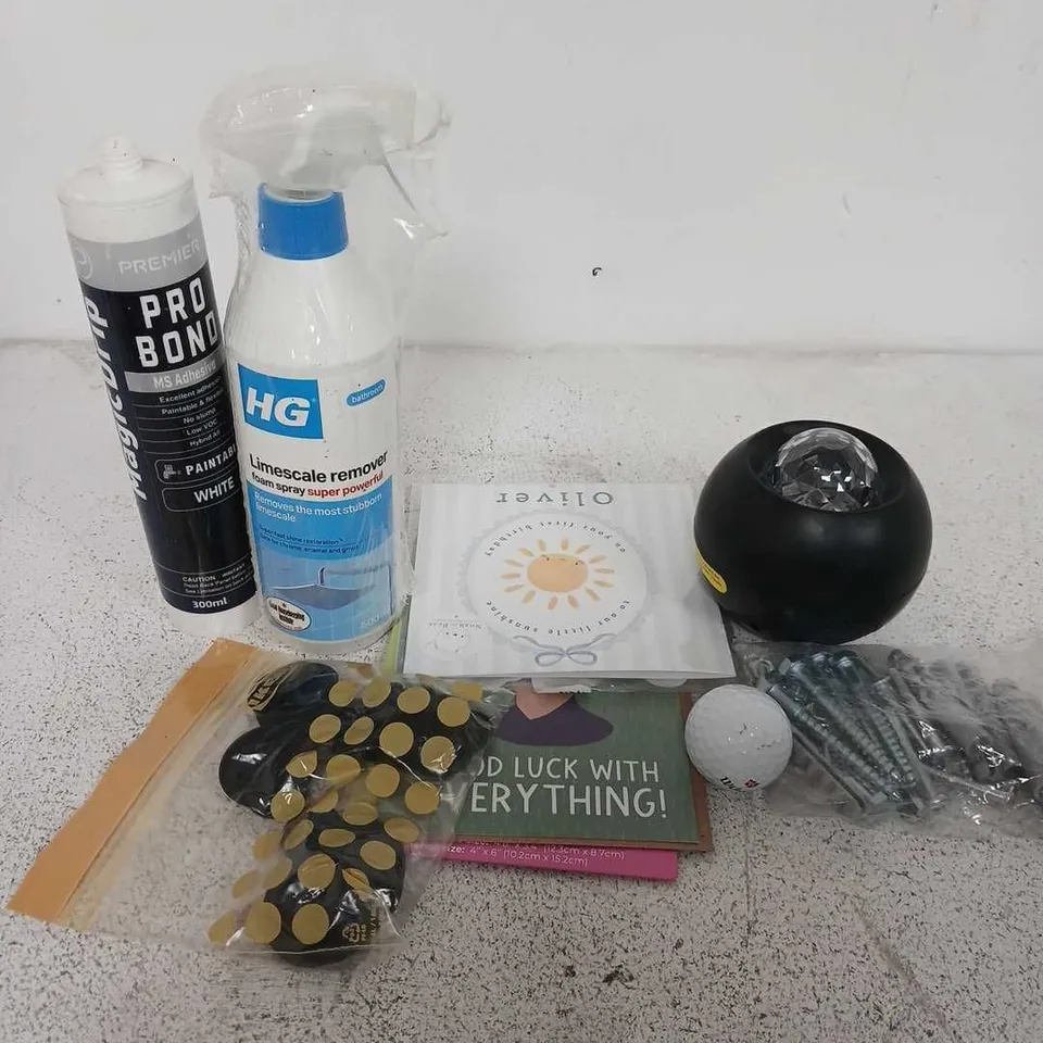 APPROXIMATELY 15 ASSORTED HOUSEHOLD ITEMS TO INCLUDE OCEAN REAM PROJECTOR, GOLF BALL, PRO BOND MAGICDRIP, ETC