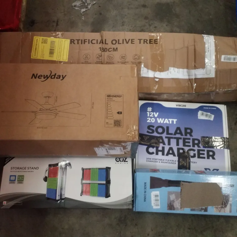 PALLET CONTAINING ASSORTED PRODUCTS INCLUDING ARTIFICIAL OLIVE TREE 180CM, CEILING FAN LIGHT, STORAGE STAND, SOLAR BATTERY CHARGER & PRESSURE WASHER ACCESSORIES