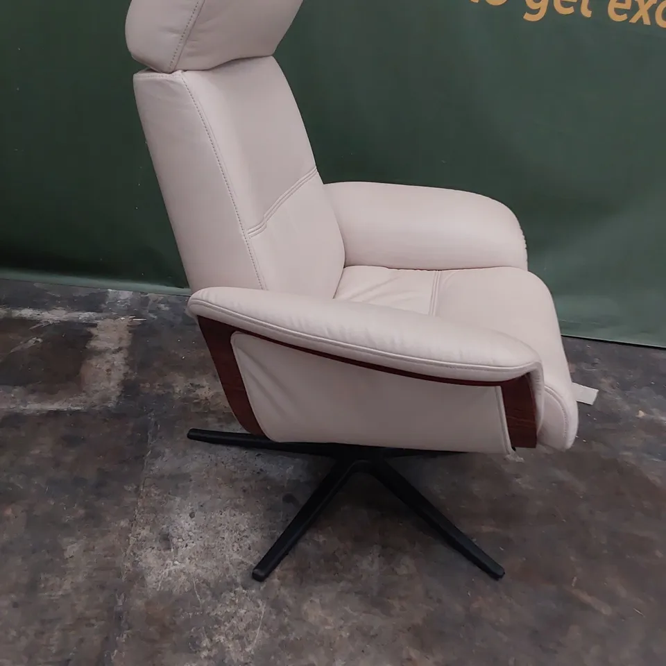 QUALITY BRITISH DESIGNER G PLAN MANUAL RECLINING SWIVEL CHAIR WITH FOOTSTOOL CAMBRIDGE CHALK LEATHER 