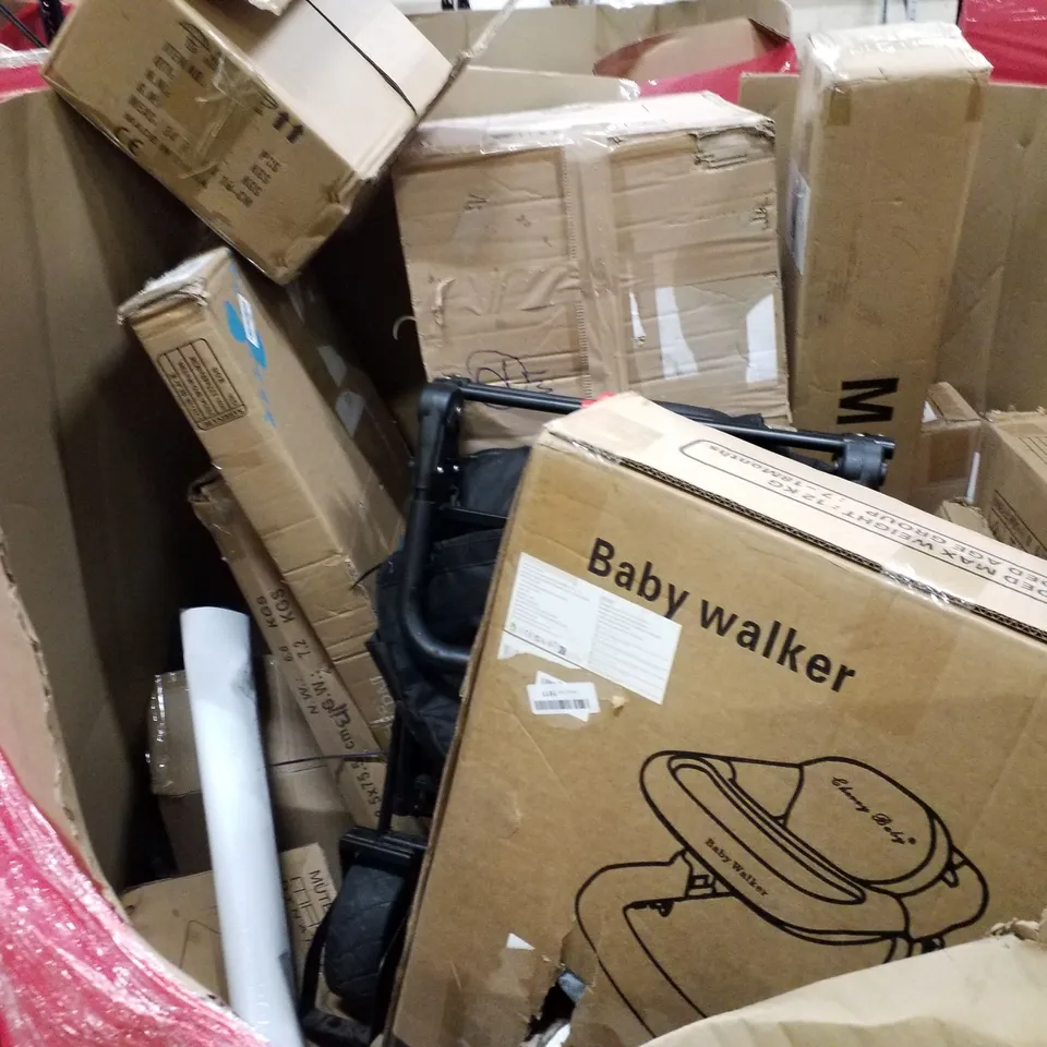 PALLET OF ASSORTED PRODUCTS INCLUDING TOILET SEAT, BABY WALKER, THERMOSTATIC MIXER SHOWERS, LED NUMBER CLOCK
