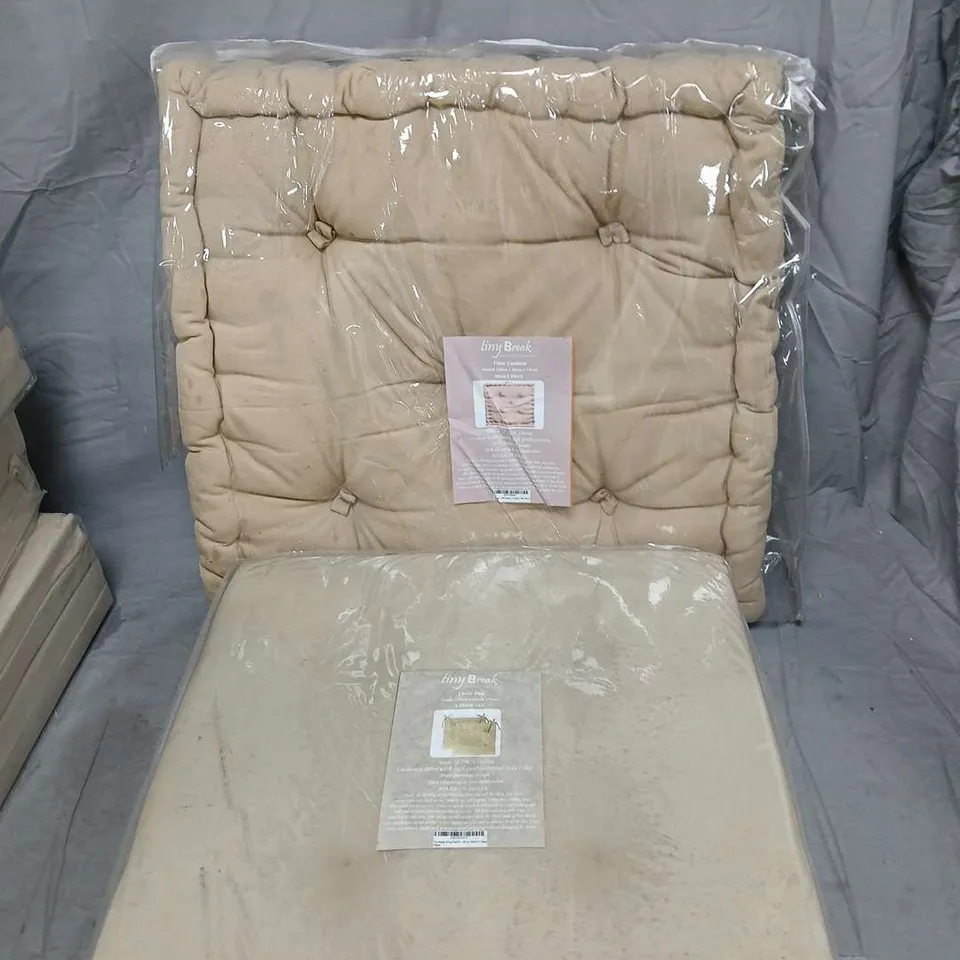 TINY BREAK TAUPE CHAIR PAD SET (40CM X 40CM X 5CM, 2-PIECE) X4  + NATURAL FLOOR CUSHION (50CM X 50CM X 10CM) X1 – UPHOLSTERY CUSHIONS