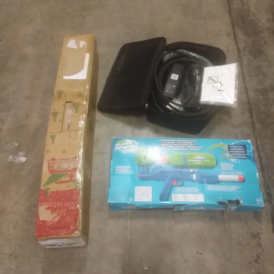 PALLET OF ASSORTED HOUSEHOLD PRODUCTS AND ITEMS, INCLUDING; CHRISTMAS TREES, SUPER SOAKER, ELECTRIC VEHICLE CHARGER, OTHER HOUSEHOLD ITEMS ETC