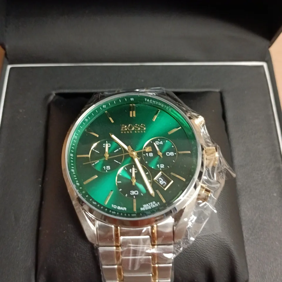 BOXED HUGO BOSS MEN'S CHRONOGRAPH WATCH – GREEN DIAL, TWO-TONE STAINLESS STEEL BRACELET
