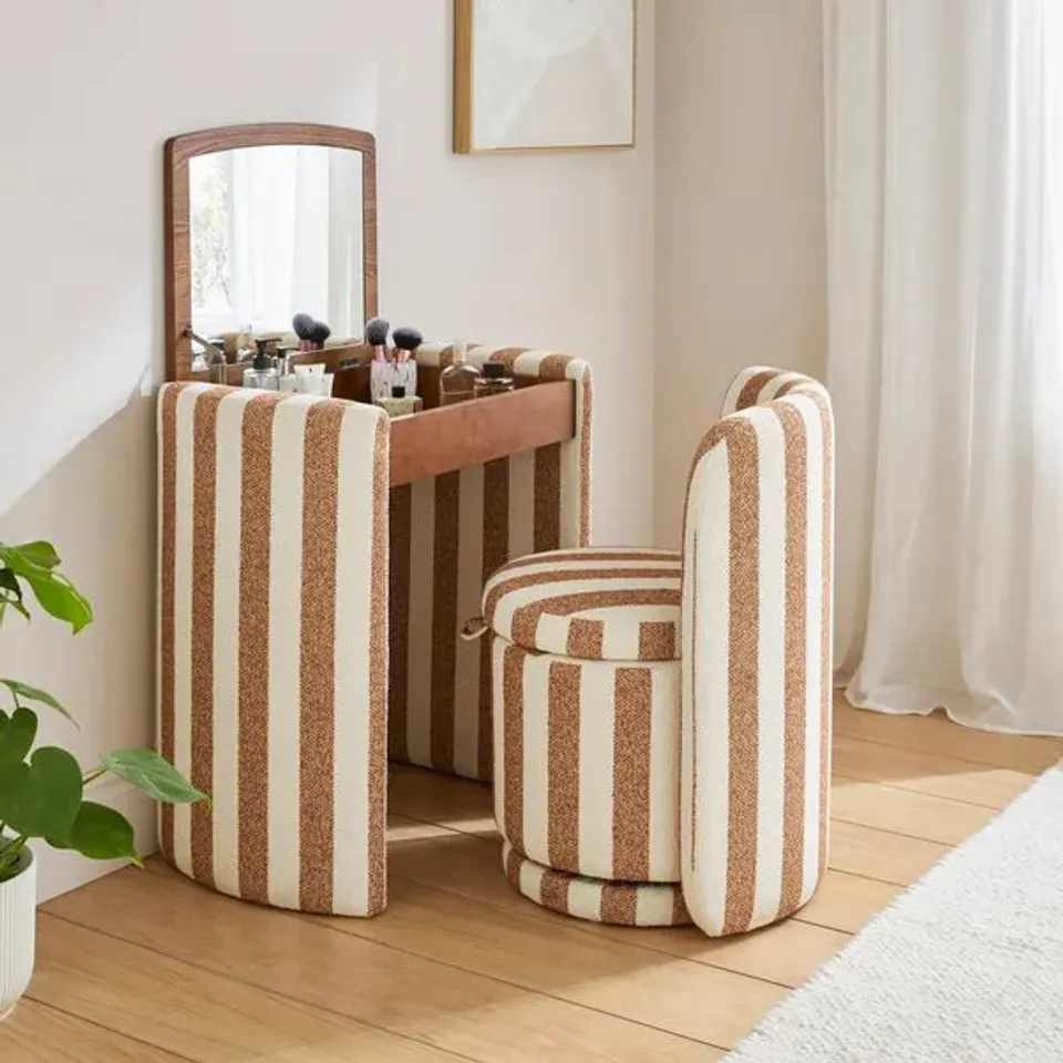 BOXED FRANKIE STRIPED COMPACT DRESSING TABLE SET WITH MIRROR AND STOOL, CARAMEL STRIPE (1 BOX)