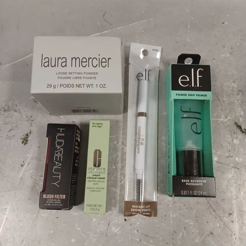 LOT OF 5 ASSORTED COSMETIC ITEMS TO INCLUDE - ELF POWER GRIP PRIMER - LAURA MERCIER LOOSE SETTING POWDER - CLINIQUE AM/PM RETINOID BALM - ETC