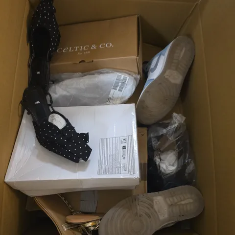 BOX OF APPROXIMATELY 12 PAIRS OF ASSORTED SHOES IN VARIOUS COLOUR, STYLES AND SIZES