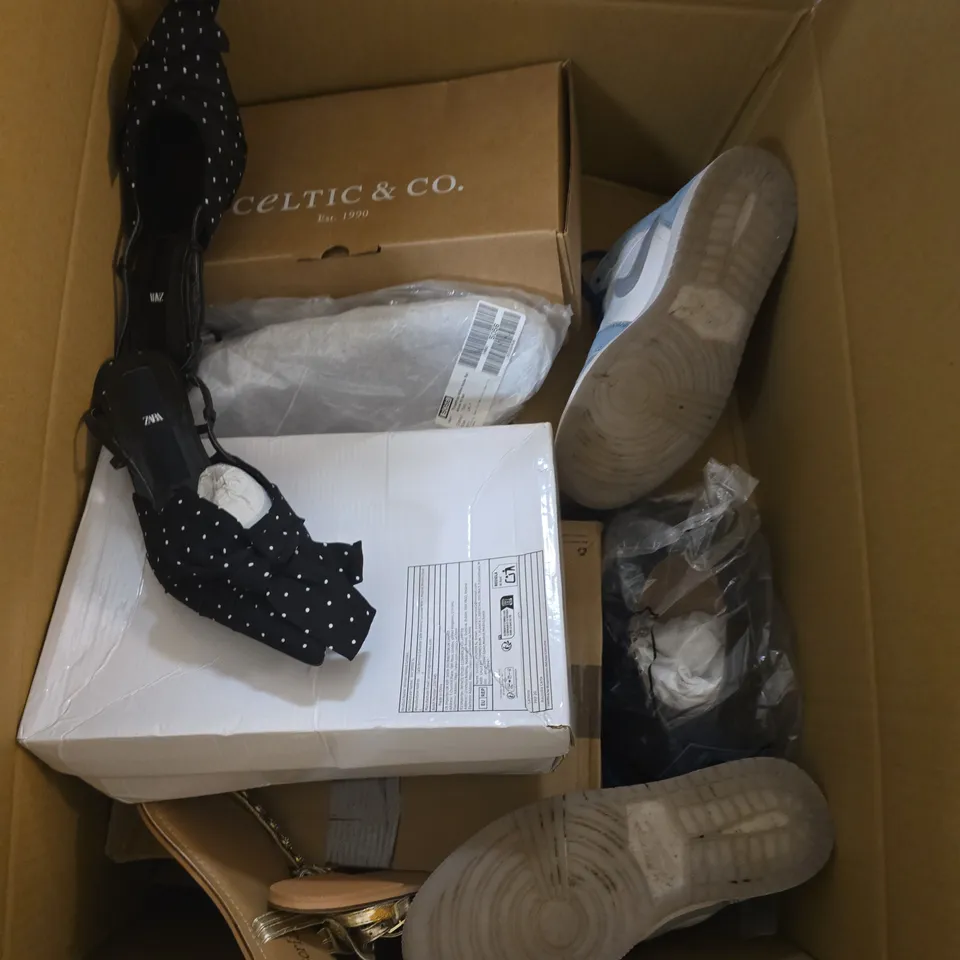 BOX OF APPROXIMATELY 12 PAIRS OF ASSORTED SHOES IN VARIOUS COLOUR, STYLES AND SIZES