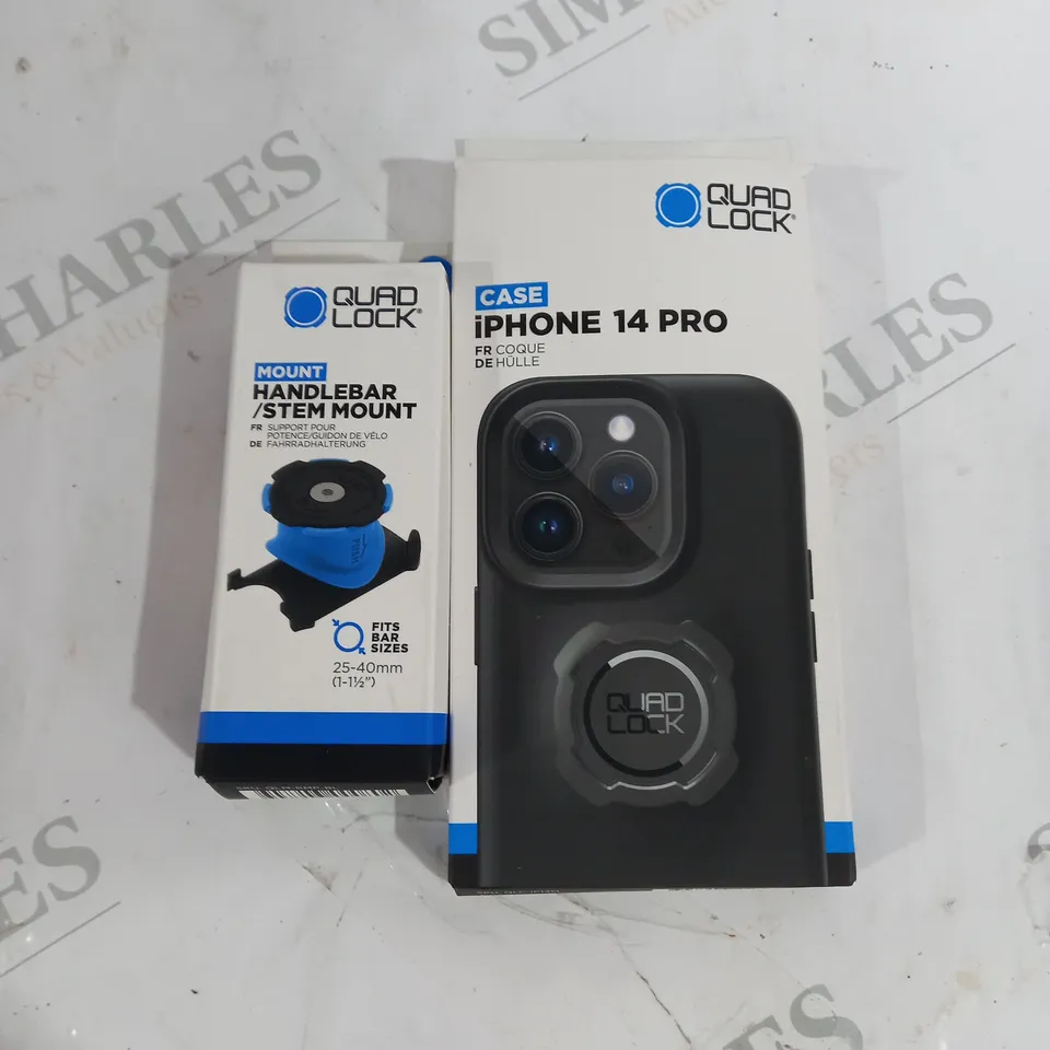 LOT OF 2 QUAD LOCK ACCESSORIES INCLUDING HANDLEBAR MOUNT AND IPONE 14 PRO CASE 